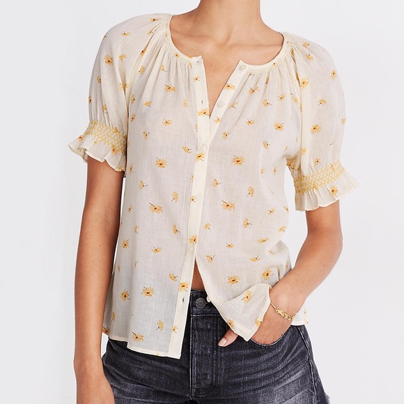 Madewell Smocked Button-Up Top in French Daisies Sz XS - Picture 1 of 11
